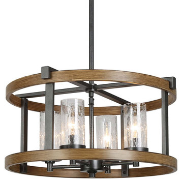 LNC 4-Light Farmhouse Wood Drum With Seeded Glass Shade Chandelier