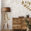 Hand Drawn Floral Leaves Peel and Stick Vinyl Mural Wallpaper, Gold, 24"x96"