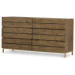 Four Hands - Tiller 6 Drawer Dresser - Reclaimed materials deliver depth to streamlined shaping. Mixed, vintage brown-finished woods maintain their natural knots and graining for a richly organic look. Six spacious drawers bring ample storage to the bedroom, while a Parsons-style brass base keeps things simple while adding a touch of trend-forward polish.