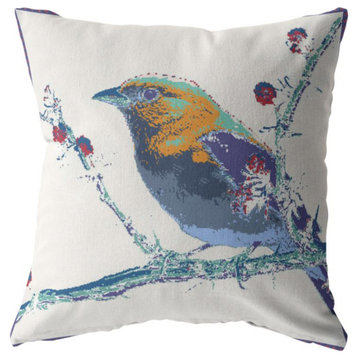 Perched Robin Double Sided Suede Pillow, Zippered, Purple on White