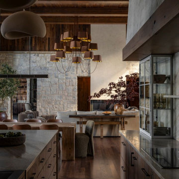 Antique White Oak Cabinets and Elm Ceiling in Interlachen Lakehouse Kitchen