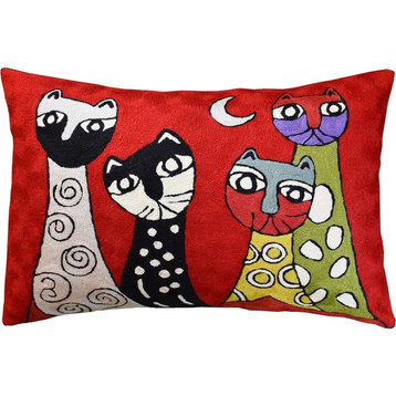 Lumbar Red Pillow Cover Cat Picasso Four Kitties Pillowcase Handmade Wool 14x20