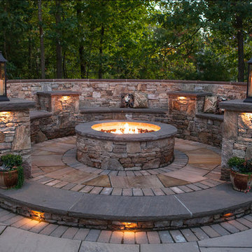 Outdoor Living Space with Seating Walls and Fire Pit
