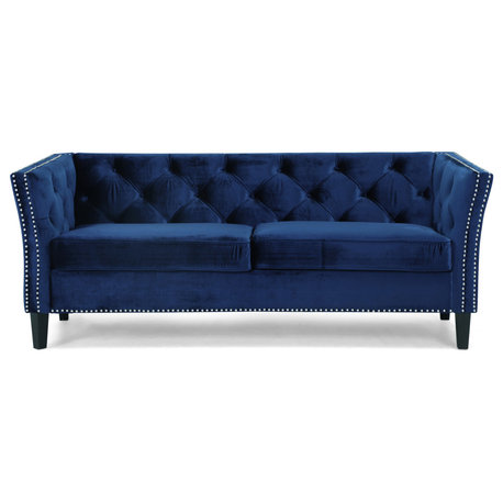 Madera Contemporary Tufted Velvet 3 Seater Sofa, Midnight Blue/Dark Brown