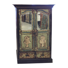 Mogul Interior - Consigned Cabinet Jaipur Distressed Green Mirror Eclectic Furniture Armoire - Armoires And Wardrobes