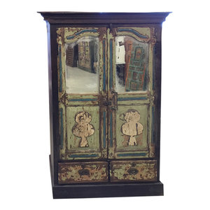 Mogul Interior - Consigned Cabinet Jaipur Distressed Green Mirror Eclectic Furniture Armoire - Armoires And Wardrobes