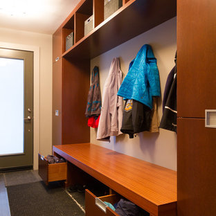 オタワの中サイズの片開きドアコンテンポラリースタイルのおしゃれなマッドルーム (ベージュの壁、ガラスドア、グレーの床) の写真