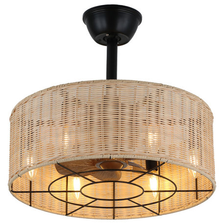 18" Boho Caged Woven Rattan Ceiling Fan Farmhouse Retro Ceiling Fan with Lights, Brass