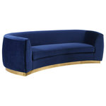 Meridian Furniture - Julian Velvet Upholstered Sofa, Navy, Gold Base - The perfect mix of navy velvet and gold stainless steel comes to life in your space with this Julian Navy Velvet Sofa. This bold navy velvet sofa comes upholstered in rich, sumptuous-to-the-touch velvet to make a fashionable statement in your space. The curved back design lends it a modish touch, and the gold stainless steel trim around its base adds to its glitzy appeal. Stage this sofa alone or with other pieces in the Julian collection.