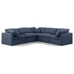 Meridian Furniture - Indulge Upholstered Modular L-Shaped Sectional, Navy, 5-Piece: 2 Armless Chair, 3 Corner Chair, Down Stuffed Linen Textured Fabric - Experience ultimate comfort and style with our navy linen textured fabric Indulge Sectional. The luxurious linen texture of the fabric will elevate the aesthetic of any room. This sofa provides ample space for you to relax while its modular build offers the option of unlimited configurations. Whether you're looking to add a stylish element to your living room or a comfortable seating option to your bedroom, this sofa is the perfect choice.