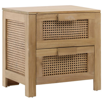 Lorraine Teak and Woven Rattan 2-Drawer Storage Side Table, a Natural Finish