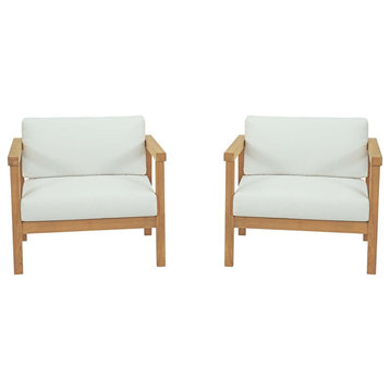 Lounge Chair Armchair Set, White Natural, Teak Wood, Modern, Outdoor Patio
