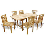 Windsor Teak Furniture - Grade A Teak, 66", Rect Extension Table , 6 Chippendale Stacking Chairs - The Buckingham 66" Double Leaf Teak Extension Table W/6 Chippendale Stacking Chairs ...can seat 8 people when extended. The table is 46" when closed, 56" with one leaf open , and 66" with both leafs open...giving you 3 different size tables. The table is designed with built-in butterfly pop-up leafs that enables you to open or close the table in 15 seconds. The table also comes with cap covered umbrella hole and a built-in umbrella base. The stylish Chippendale chairs are named after the famous 18th century English cabinetmaker Thomas Chippendale. The Chippendale style furniture in England was the first style of furniture named after a cabinet maker rather then a monarch. These chairs are extremely comfortable with the contoured seats and very practical since they stack for easy storage. Some assembly w/ table. Shipped via truck.