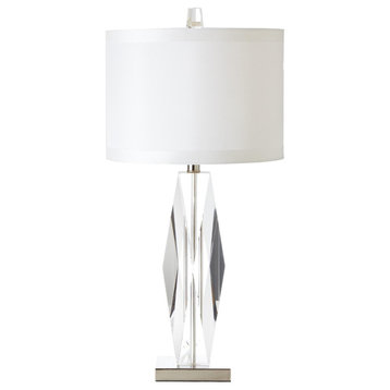Diamond Shape Crystal Faceted Table Lamp  Clear Glass White Silver Modern