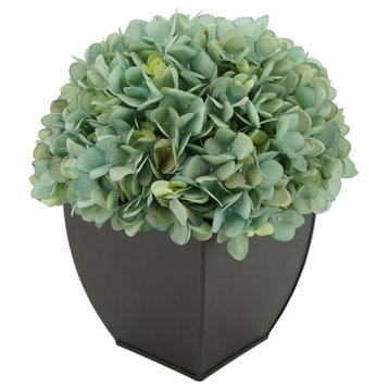 Artificial Hydrangea in Matte Brown Tapered Zinc Cube, Teal