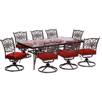Traditions 9-Piece Dining Set, Red With Extra Large Glass-Top Dining Table