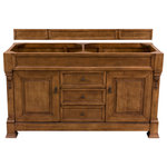 James Martin Vanities - Brookfield 60" Country Oak Double Vanity - The Brookfield 60", double sink, Country Oak vanity by James Martin Vanities features hand carved accenting filigrees and raised panel doors. Two doors, on either side, open to shelves for storage below and three center drawers, made up of a lower double-height drawer and both middle and top standard drawers, offer additional storage space. The look is completed with Antique Brass finish door and drawer pulls. Matching decorative wood backsplash is included.