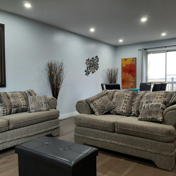 Living room, gutters and downspouts