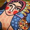 Bella Senorita Cat Pillow Cover Colorful Tiara Blue Handembroidered Wool 18x18