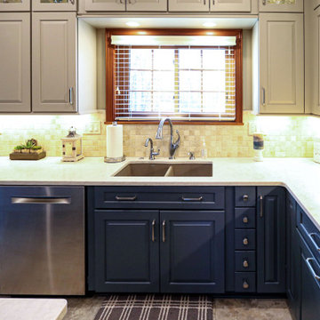 Two Tone Blue and Light Gray Kitchen with Tiled Island
