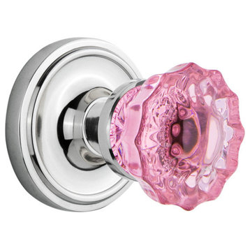 Classic Rosette Passage Crystal Pink Glass Knob, Bright Chrome