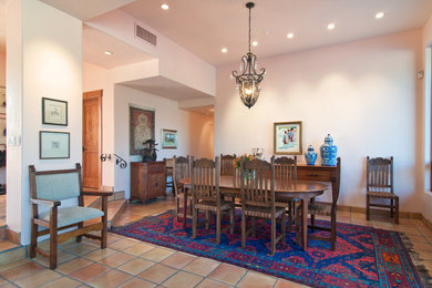 This is an example of a large traditional separate dining room in Phoenix with white walls, terra-cotta floors, a standard fireplace and a stone fireplace surround.