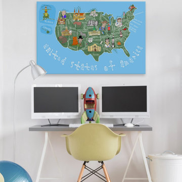 "Blue United States of America Map" Painting Print on Wrapped Canvas
