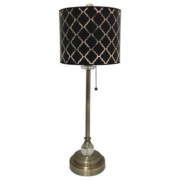 28" Crystal Buffet Lamp With Black Moroccan Tile Shade, Antique Brass, Single