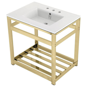 Modern Bathroom Console Sink, Metal Base With Ceramic Basin, Polished Brass