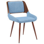 Armen Living - Panda Mid-Century Dining Chair, Walnut With Light Blue Fabric - Bring timeless comfort and Mid-Century elegance into your space with the Panda Upholstered Dining Chair in Walnut Finish. Designed with a sculptural silhouette and upholstered in premium performance fabric or soft faux leather, the Panda dining chair pairs nostalgic charm with modern functionality. The subtly angled, walnut veneer-finished metal legs offer the warmth of wood grain with the durability of steel'providing a stylish and supportive base for everyday use. The gently curved backrest is framed in smooth walnut finish and features a plush, padded cushion for posture-friendly support. A medium-firm seat delivers lasting comfort, whether you're gathered around a dining table, working from your home office, or hosting an evening with friends. The open lower back promotes airflow and adds a light, airy look to the chair's distinctive box-style profile. The contoured seat and clean lines make it a versatile piece for modern, contemporary, or eclectic interiors. Available in a range of upholstery choices including Gray Fabric, Brown Fabric, Black Faux Leather, and the newly added Light Blue Fabric, the Panda dining chair brings tailored comfort and visual texture to any setting. With its mix of natural finish tones and metal durability, this chair effortlessly balances retro aesthetics with modern sensibilities. Whether placed in your dining room, breakfast nook, or creative studio, the Panda is ready to make an impact in both style and function.