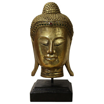 Quality Wood Gold Color Serene Peaceful Meditate Buddha Head On Stand hn270