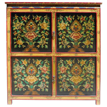 Chinese Tibetan Treasure Color Flower Graphic Credenza Storage Cabinet Hcs5804