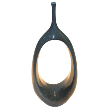 Luxe Modern Open Oval Ring Vase Dark Teal Sculpture Blue Green Bottle 22"