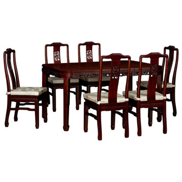 60in Dark Cherry Elmwood Chinese Flower Motif Rectangle Dining Set With 6 Chairs