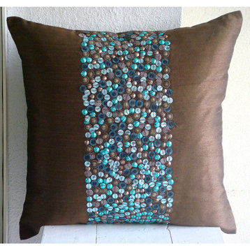 Brown Art Silk 18"x18" 3D Turquoise Sequins Pillows Cover, Cocoa & Turq