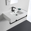 Rectangular Ceramic Wall Mounted Sink With Matte Black Towel Bar, Three Hole