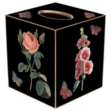 TB3-Black-Pink Hydrangea, Rose, Hollyhock and Hyacinth Tissue Box Cover