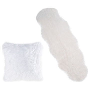 22" Faux Fur Decorative Pillow Insert and Cover Set Includes Plush Sheepskin Rug, White