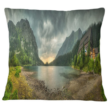 Mountain Chalet at Sunset Panorama Landscape Printed Throw Pillow, 16"x16"