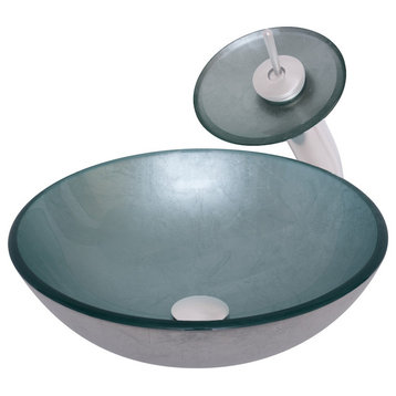 Argento Round Silver Foiled Glass Vessel Bath Sink Combo with Faucet and Drain, Brushed Nickel