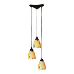 3-Light-Chandelier-In-Dark-Rust-And-Yellow-Blaze-Glass - Chandeliers