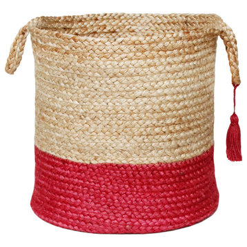 Two-Tone Natural Jute Woven Decorative Basket with Handles, Cranberry Red, 19"