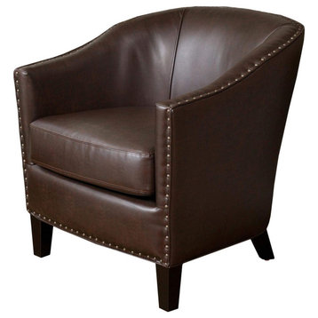 Elegant Accent Chair, Padded Bonded Leather Seat With Nailhead Trim, Brown