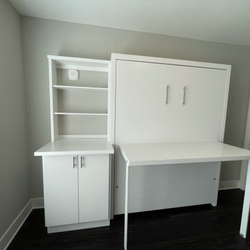 Custom Built Vertical Queen Size Murphy Bed with Desk Combo, In White