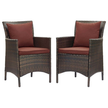 Modway Conduit 17" Rattan Patio Dining Armchair in Brown/Currant (Set of 2)