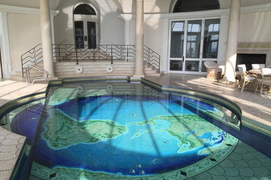 Large eclectic indoor custom-shaped pool in New York with a pool house and tile.