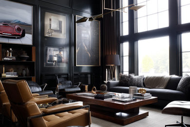 Inspiration for a large formal and open concept medium tone wood floor, brown floor and coffered ceiling living room remodel in New York with black walls and no tv