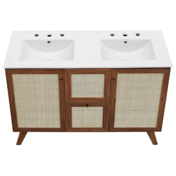 Modway Soma 48" Double Sink Modern Wood Bathroom Vanity in Walnut/White