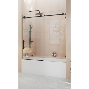 56-60"x60" Frameless Bath Tub Sliding Shower Door, Matte Black