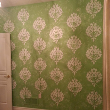 Girls Bedroom, Custom Stencil Walls Pinch Pleat Drapery Embroidered panel
